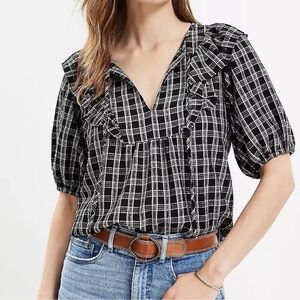 LOFT | Women’s Black White Plaid Ruffle Bib Tie Neck‎ Cottage Blouse Top Medium